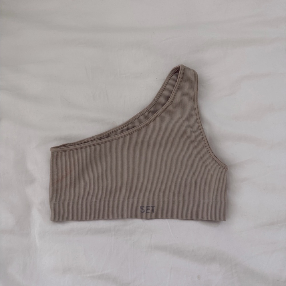 SET Active One-Shoulder Ribbed Crop Top in Taupe